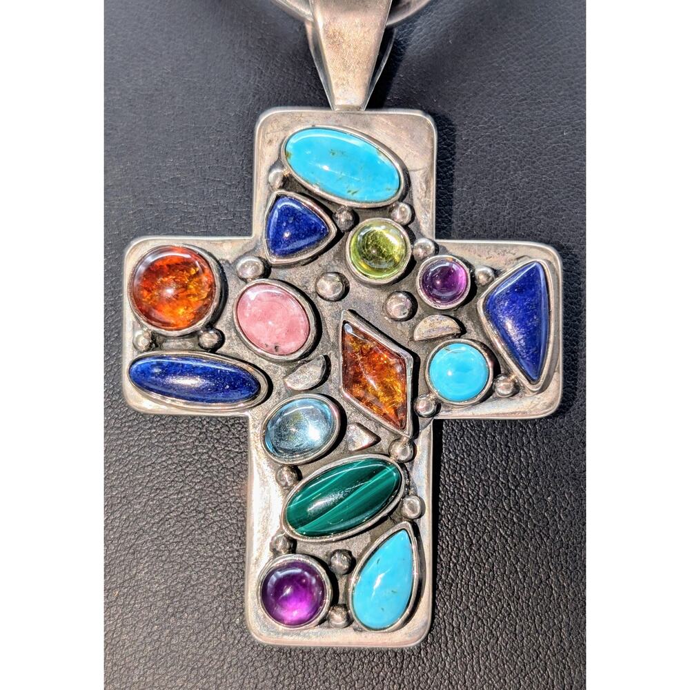 Vintage Desert Rose Trading 925 Sterling Silver Multi Gemstone Cross Pendant 32g